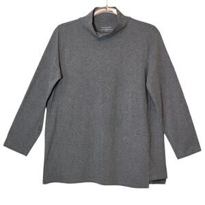 Eileen Fisher Organic Cotton Mock Neck Top Gray Long Sleeve PM Classic Cozy